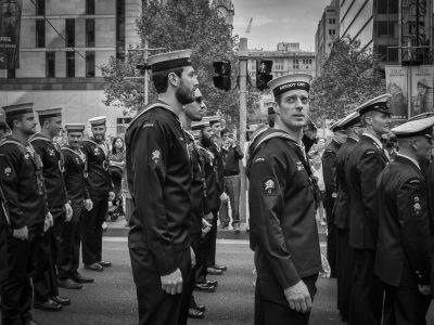 During the Anzac Day parade, sailors waiting to march to honour the veterans that still alive and the ones that passed away, Sydney, Australia, 2017 Sailors waiting to march during Anzac Day parade